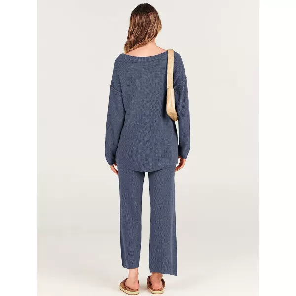 imageANRABESS Women 2 Piece Outfits Oversized Knit Loungewear Sweater Set 2023 Fall Sweatsuit Matching Lounge SetsGray Blue