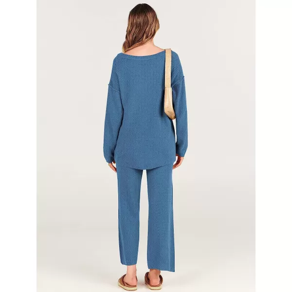 imageANRABESS Women 2 Piece Outfits Oversized Knit Loungewear Sweater Set 2023 Fall Sweatsuit Matching Lounge SetsIndigo