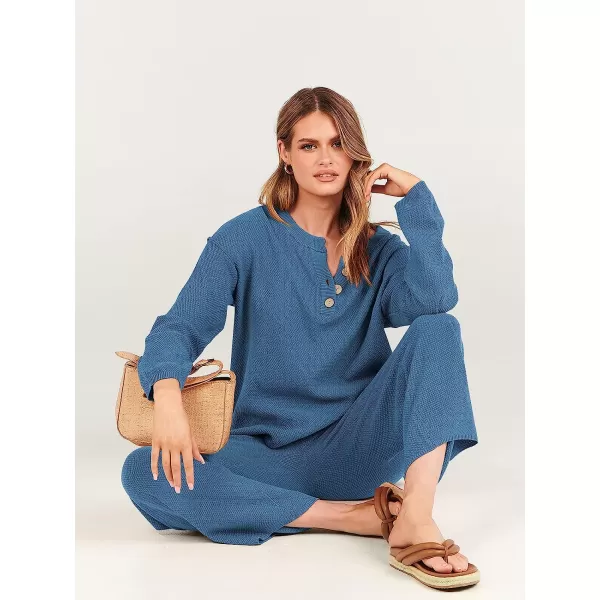 imageANRABESS Women 2 Piece Outfits Oversized Knit Loungewear Sweater Set 2023 Fall Sweatsuit Matching Lounge SetsIndigo
