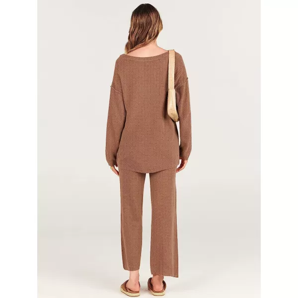 imageANRABESS Women 2 Piece Outfits Oversized Knit Loungewear Sweater Set 2023 Fall Sweatsuit Matching Lounge SetsLight Brown