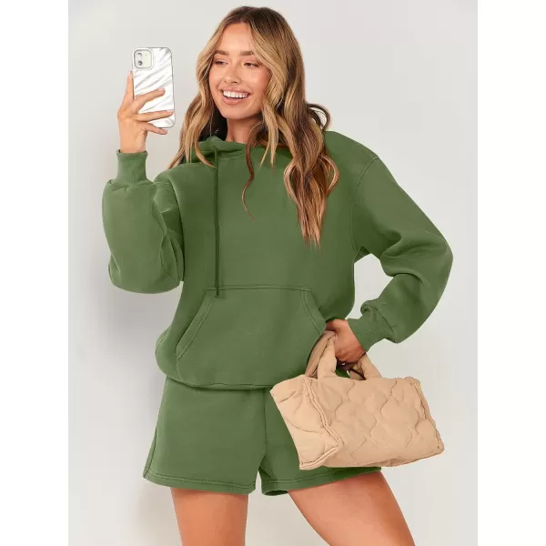 imageANRABESS Women 2 Piece Outfits Short Sweatsuit Drawstring Oversized Hoodie Sweatshirt Tracksuit Lounge Wear Matching SetArmy Green