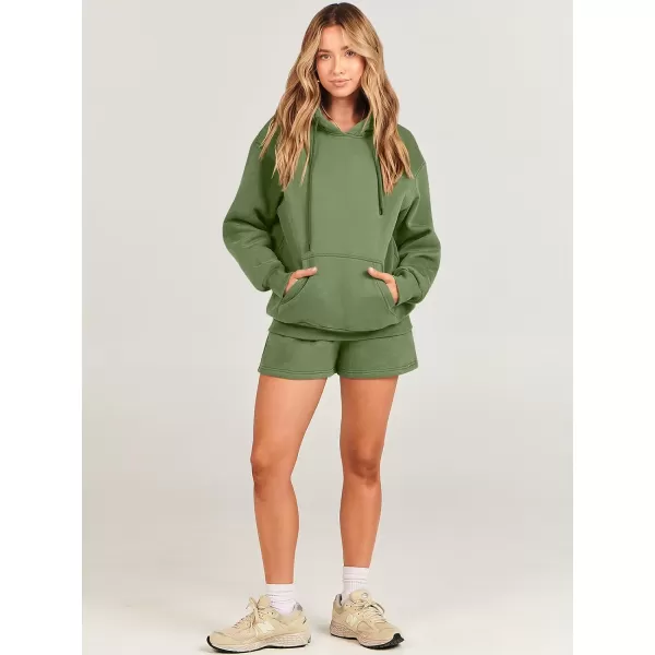 imageANRABESS Women 2 Piece Outfits Short Sweatsuit Drawstring Oversized Hoodie Sweatshirt Tracksuit Lounge Wear Matching SetArmy Green