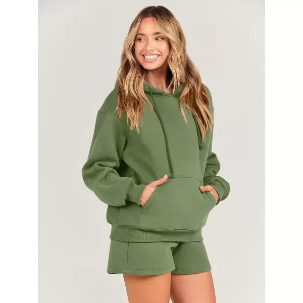 imageANRABESS Women 2 Piece Outfits Short Sweatsuit Drawstring Oversized Hoodie Sweatshirt Tracksuit Lounge Wear Matching SetArmy Green