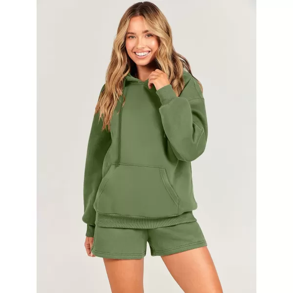 imageANRABESS Women 2 Piece Outfits Short Sweatsuit Drawstring Oversized Hoodie Sweatshirt Tracksuit Lounge Wear Matching SetArmy Green