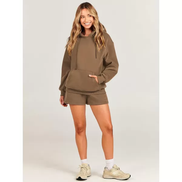 imageANRABESS Women 2 Piece Outfits Short Sweatsuit Drawstring Oversized Hoodie Sweatshirt Tracksuit Lounge Wear Matching SetBrown