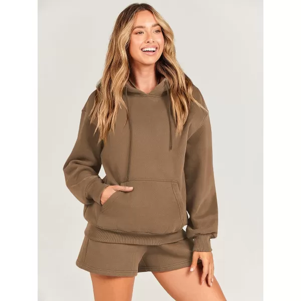 imageANRABESS Women 2 Piece Outfits Short Sweatsuit Drawstring Oversized Hoodie Sweatshirt Tracksuit Lounge Wear Matching SetBrown
