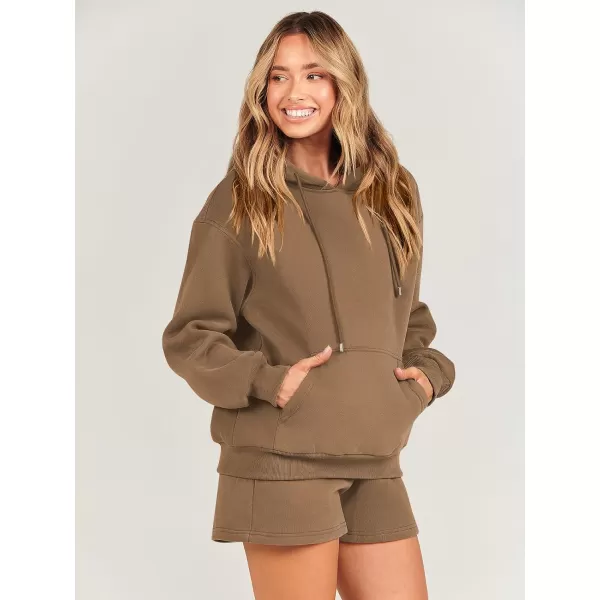 imageANRABESS Women 2 Piece Outfits Short Sweatsuit Drawstring Oversized Hoodie Sweatshirt Tracksuit Lounge Wear Matching SetBrown