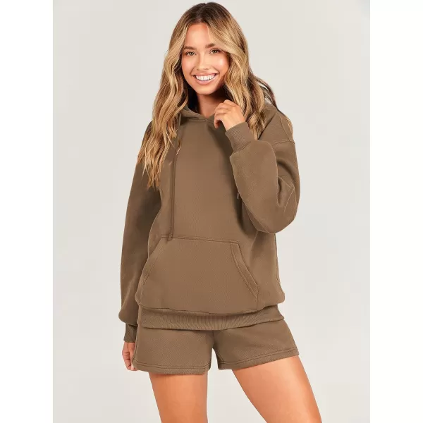 imageANRABESS Women 2 Piece Outfits Short Sweatsuit Drawstring Oversized Hoodie Sweatshirt Tracksuit Lounge Wear Matching SetBrown