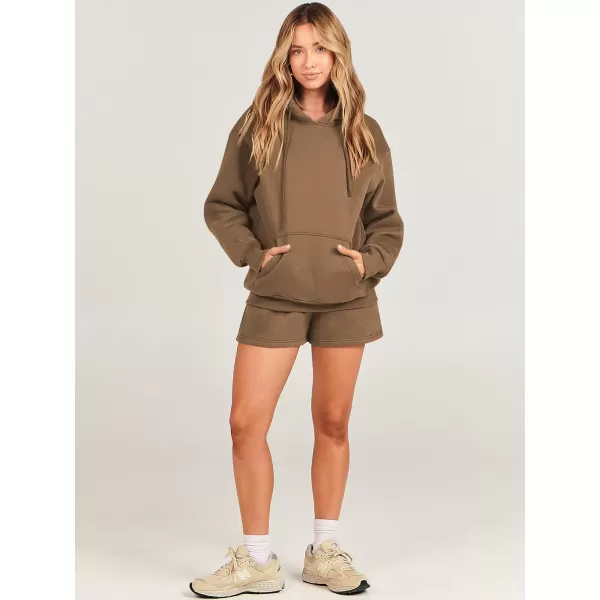 imageANRABESS Women 2 Piece Outfits Short Sweatsuit Drawstring Oversized Hoodie Sweatshirt Tracksuit Lounge Wear Matching SetBrown