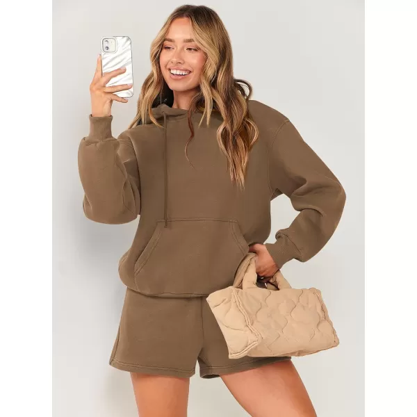 imageANRABESS Women 2 Piece Outfits Short Sweatsuit Drawstring Oversized Hoodie Sweatshirt Tracksuit Lounge Wear Matching SetBrown