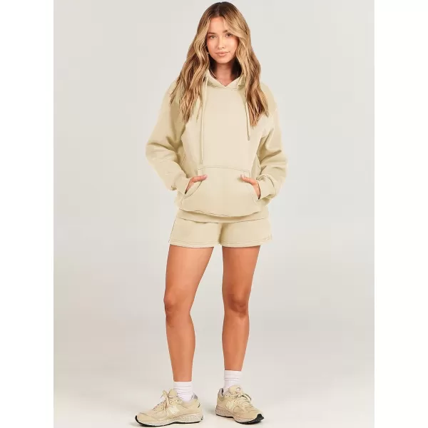 imageANRABESS Women 2 Piece Outfits Short Sweatsuit Drawstring Oversized Hoodie Sweatshirt Tracksuit Lounge Wear Matching SetKhaki
