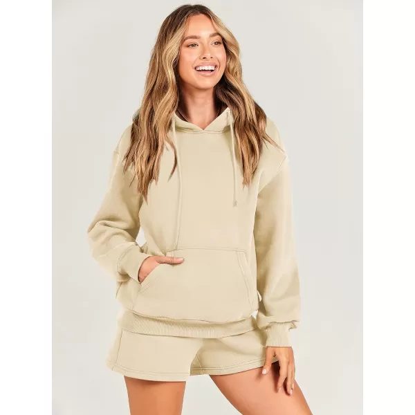 imageANRABESS Women 2 Piece Outfits Short Sweatsuit Drawstring Oversized Hoodie Sweatshirt Tracksuit Lounge Wear Matching SetKhaki