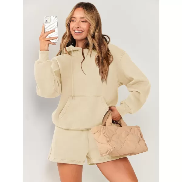imageANRABESS Women 2 Piece Outfits Short Sweatsuit Drawstring Oversized Hoodie Sweatshirt Tracksuit Lounge Wear Matching SetKhaki