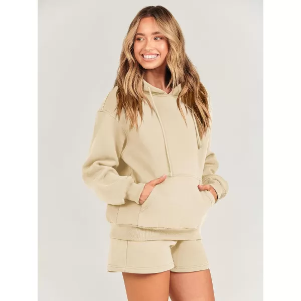 imageANRABESS Women 2 Piece Outfits Short Sweatsuit Drawstring Oversized Hoodie Sweatshirt Tracksuit Lounge Wear Matching SetKhaki