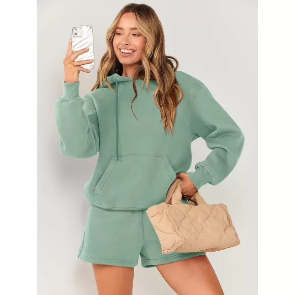imageANRABESS Women 2 Piece Outfits Short Sweatsuit Drawstring Oversized Hoodie Sweatshirt Tracksuit Lounge Wear Matching SetLight Blue