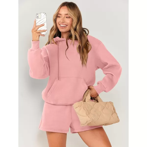 imageANRABESS Women 2 Piece Outfits Short Sweatsuit Drawstring Oversized Hoodie Sweatshirt Tracksuit Lounge Wear Matching SetPink