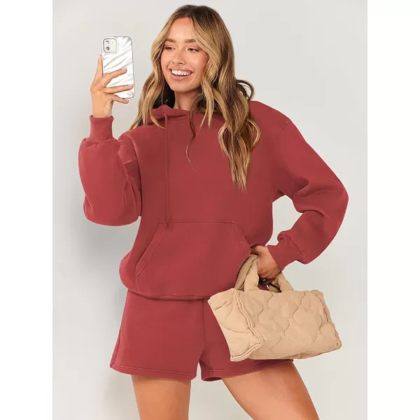 imageANRABESS Women 2 Piece Outfits Short Sweatsuit Drawstring Oversized Hoodie Sweatshirt Tracksuit Lounge Wear Matching SetRust