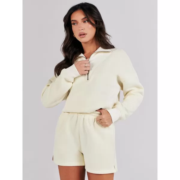 imageANRABESS Women 2 Piece Outfits Sweatsuit Oversized Half Zip Collared Sweatshirt Hoodies Short Set Lounge Tracksuit SetBeige