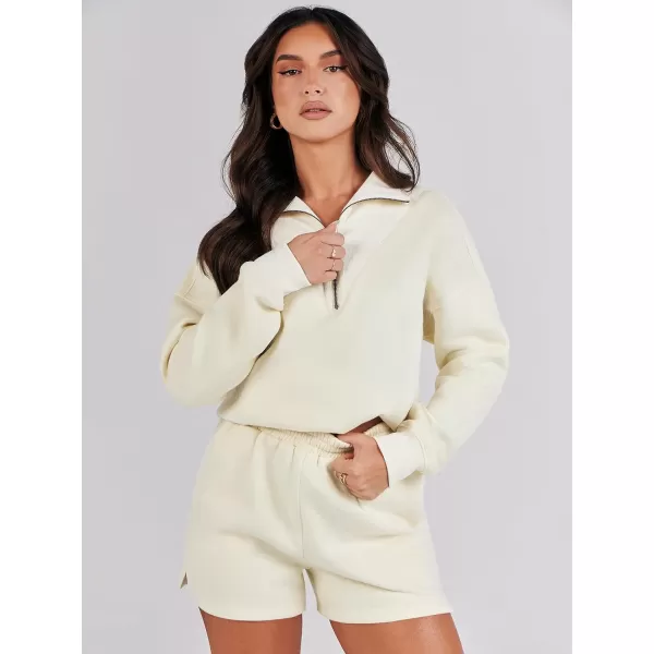 imageANRABESS Women 2 Piece Outfits Sweatsuit Oversized Half Zip Collared Sweatshirt Hoodies Short Set Lounge Tracksuit SetBeige
