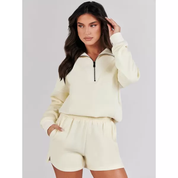imageANRABESS Women 2 Piece Outfits Sweatsuit Oversized Half Zip Collared Sweatshirt Hoodies Short Set Lounge Tracksuit SetBeige