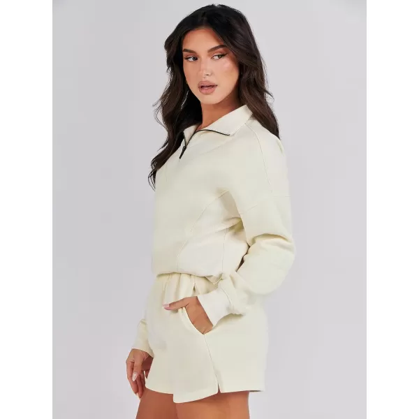 imageANRABESS Women 2 Piece Outfits Sweatsuit Oversized Half Zip Collared Sweatshirt Hoodies Short Set Lounge Tracksuit SetBeige