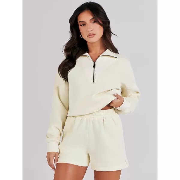 imageANRABESS Women 2 Piece Outfits Sweatsuit Oversized Half Zip Collared Sweatshirt Hoodies Short Set Lounge Tracksuit SetBeige