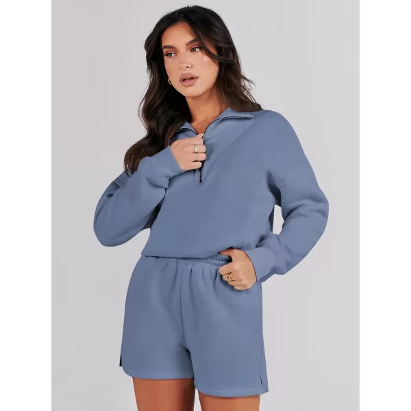 imageANRABESS Women 2 Piece Outfits Sweatsuit Oversized Half Zip Collared Sweatshirt Hoodies Short Set Lounge Tracksuit SetBlue