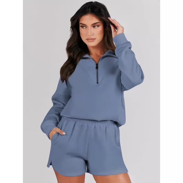 imageANRABESS Women 2 Piece Outfits Sweatsuit Oversized Half Zip Collared Sweatshirt Hoodies Short Set Lounge Tracksuit SetBlue