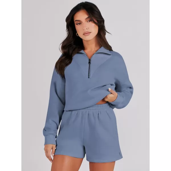 imageANRABESS Women 2 Piece Outfits Sweatsuit Oversized Half Zip Collared Sweatshirt Hoodies Short Set Lounge Tracksuit SetBlue