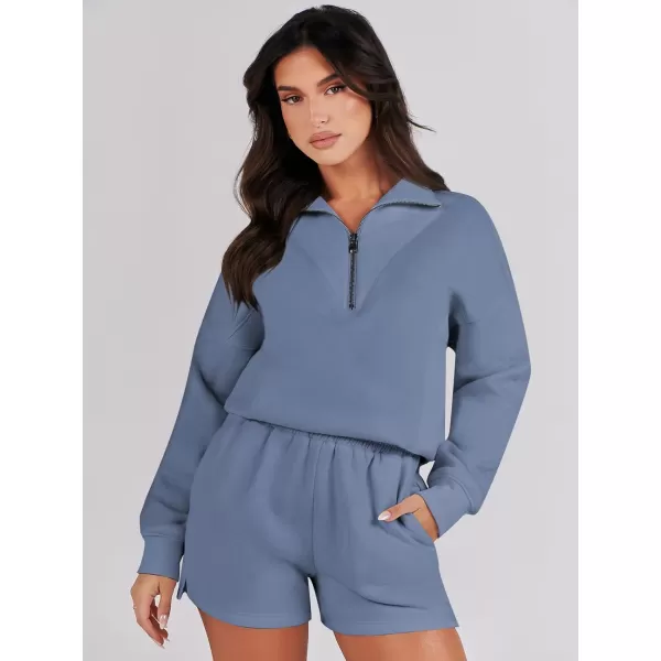 imageANRABESS Women 2 Piece Outfits Sweatsuit Oversized Half Zip Collared Sweatshirt Hoodies Short Set Lounge Tracksuit SetBlue