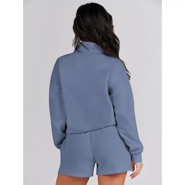 imageANRABESS Women 2 Piece Outfits Sweatsuit Oversized Half Zip Collared Sweatshirt Hoodies Short Set Lounge Tracksuit SetBlue