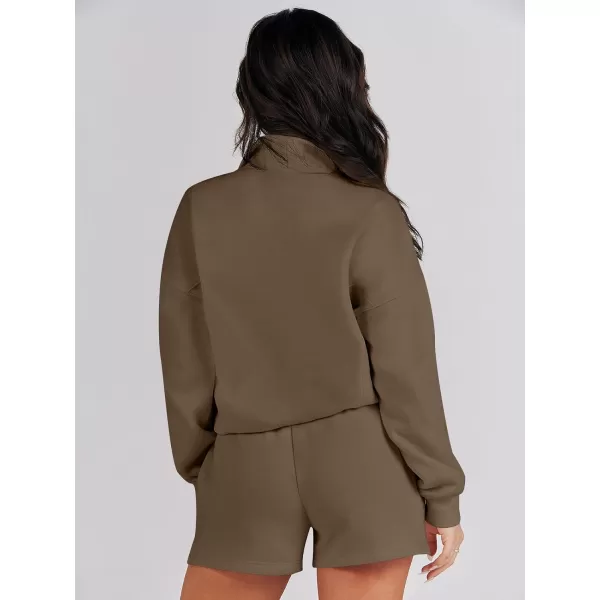 imageANRABESS Women 2 Piece Outfits Sweatsuit Oversized Half Zip Collared Sweatshirt Hoodies Short Set Lounge Tracksuit SetCoffee