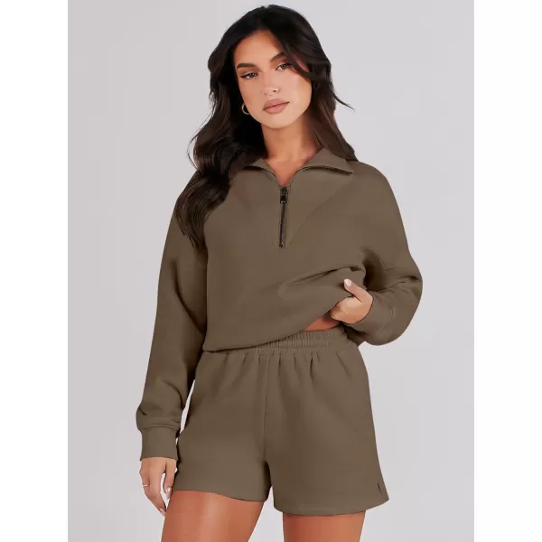imageANRABESS Women 2 Piece Outfits Sweatsuit Oversized Half Zip Collared Sweatshirt Hoodies Short Set Lounge Tracksuit SetCoffee