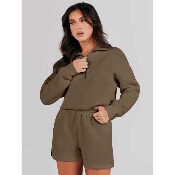 imageANRABESS Women 2 Piece Outfits Sweatsuit Oversized Half Zip Collared Sweatshirt Hoodies Short Set Lounge Tracksuit SetCoffee