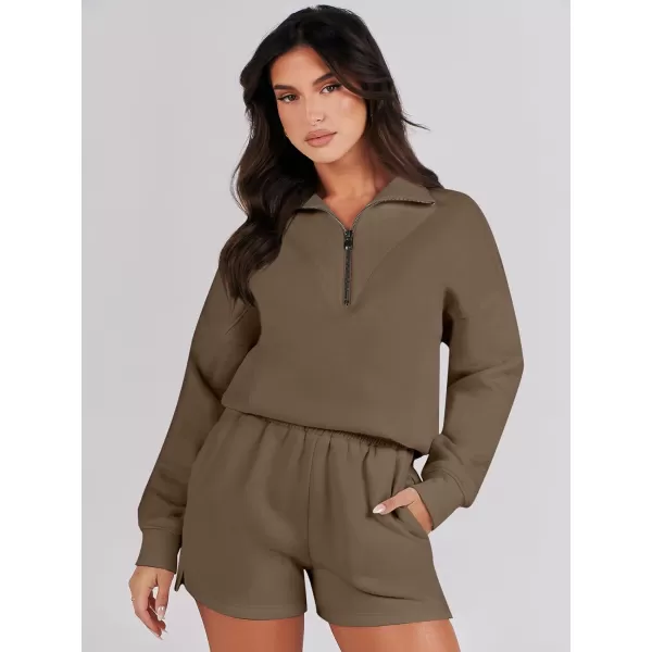 imageANRABESS Women 2 Piece Outfits Sweatsuit Oversized Half Zip Collared Sweatshirt Hoodies Short Set Lounge Tracksuit SetCoffee