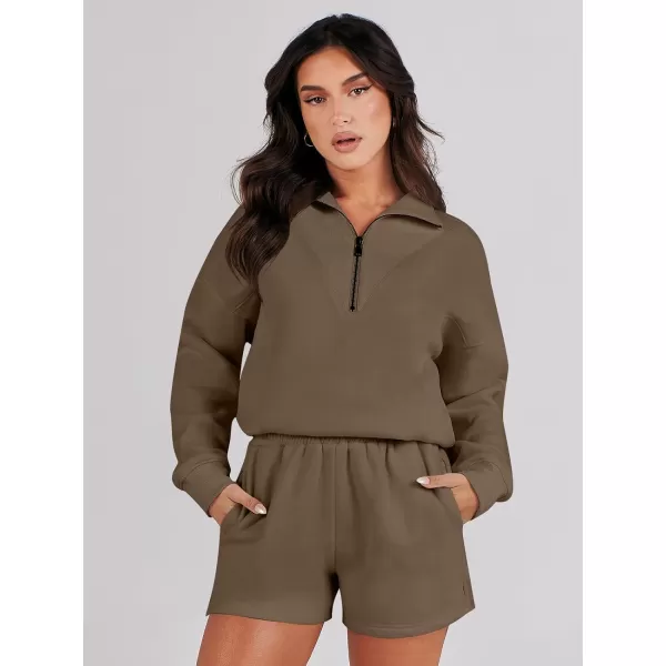 imageANRABESS Women 2 Piece Outfits Sweatsuit Oversized Half Zip Collared Sweatshirt Hoodies Short Set Lounge Tracksuit SetCoffee