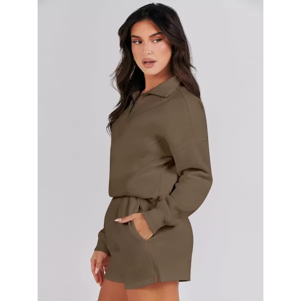 imageANRABESS Women 2 Piece Outfits Sweatsuit Oversized Half Zip Collared Sweatshirt Hoodies Short Set Lounge Tracksuit SetCoffee