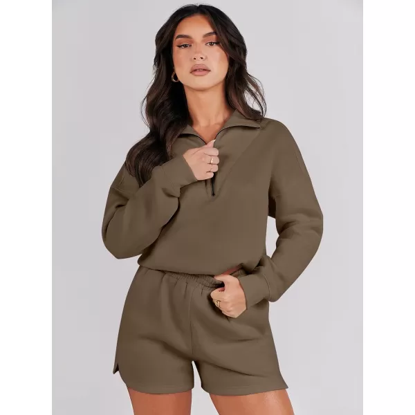 imageANRABESS Women 2 Piece Outfits Sweatsuit Oversized Half Zip Collared Sweatshirt Hoodies Short Set Lounge Tracksuit SetCoffee