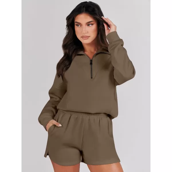 imageANRABESS Women 2 Piece Outfits Sweatsuit Oversized Half Zip Collared Sweatshirt Hoodies Short Set Lounge Tracksuit SetCoffee