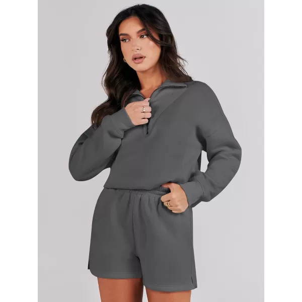 imageANRABESS Women 2 Piece Outfits Sweatsuit Oversized Half Zip Collared Sweatshirt Hoodies Short Set Lounge Tracksuit SetDeep Gray