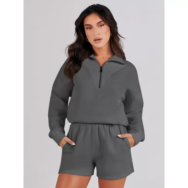 imageANRABESS Women 2 Piece Outfits Sweatsuit Oversized Half Zip Collared Sweatshirt Hoodies Short Set Lounge Tracksuit SetDeep Gray