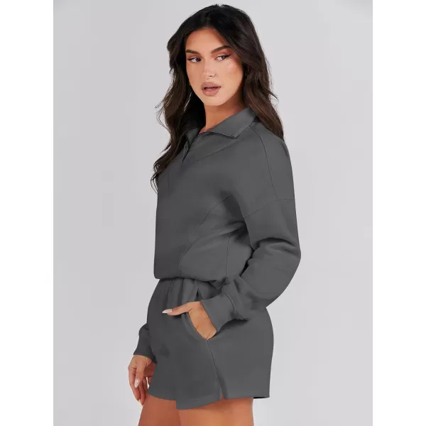imageANRABESS Women 2 Piece Outfits Sweatsuit Oversized Half Zip Collared Sweatshirt Hoodies Short Set Lounge Tracksuit SetDeep Gray