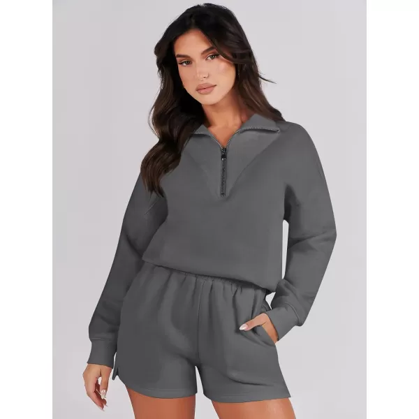 imageANRABESS Women 2 Piece Outfits Sweatsuit Oversized Half Zip Collared Sweatshirt Hoodies Short Set Lounge Tracksuit SetDeep Gray