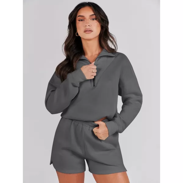 imageANRABESS Women 2 Piece Outfits Sweatsuit Oversized Half Zip Collared Sweatshirt Hoodies Short Set Lounge Tracksuit SetDeep Gray