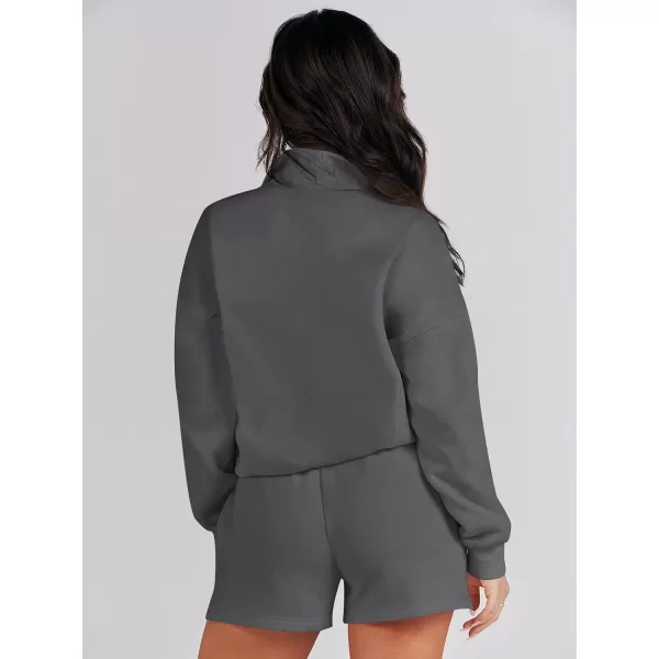 imageANRABESS Women 2 Piece Outfits Sweatsuit Oversized Half Zip Collared Sweatshirt Hoodies Short Set Lounge Tracksuit SetDeep Gray