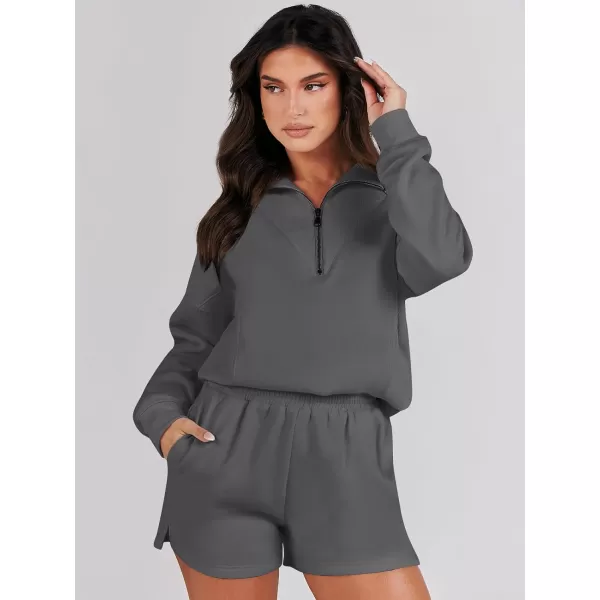 imageANRABESS Women 2 Piece Outfits Sweatsuit Oversized Half Zip Collared Sweatshirt Hoodies Short Set Lounge Tracksuit SetDeep Gray