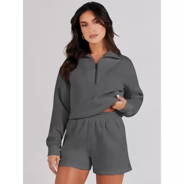 imageANRABESS Women 2 Piece Outfits Sweatsuit Oversized Half Zip Collared Sweatshirt Hoodies Short Set Lounge Tracksuit SetDeep Gray