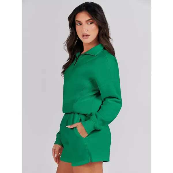 imageANRABESS Women 2 Piece Outfits Sweatsuit Oversized Half Zip Collared Sweatshirt Hoodies Short Set Lounge Tracksuit SetGrass