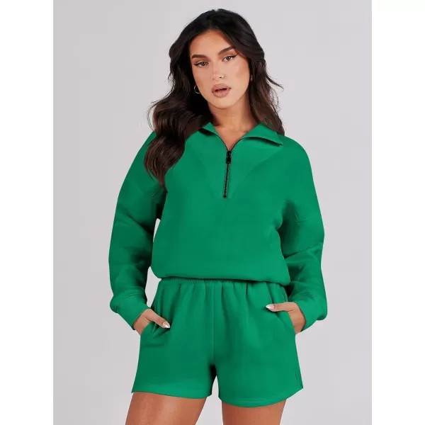 imageANRABESS Women 2 Piece Outfits Sweatsuit Oversized Half Zip Collared Sweatshirt Hoodies Short Set Lounge Tracksuit SetGrass