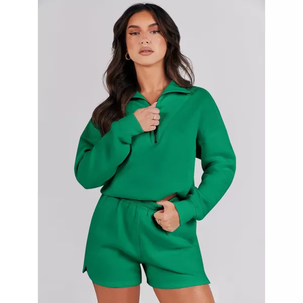 imageANRABESS Women 2 Piece Outfits Sweatsuit Oversized Half Zip Collared Sweatshirt Hoodies Short Set Lounge Tracksuit SetGrass